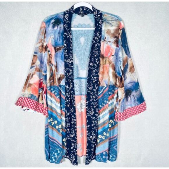 JOHN MARK Kimono 2X Multicolor Open Front 3/4 Sleeve Boho Hippie Sexy Mesh Back - Picture 1 of 15